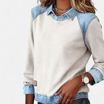 Effortless Denim Trim Sweatshirt for Women with Collar Long Sleeve Raglan Colorblock Casual Style
