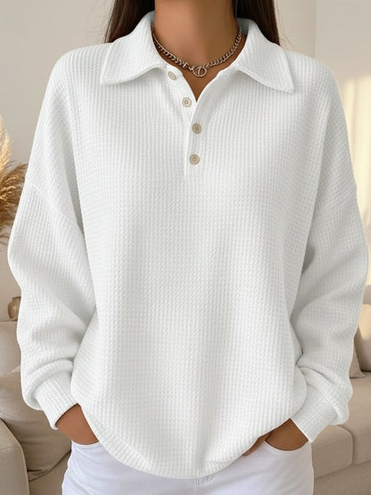 Comfortable Waffle Knit Polo Sweater for Women with Collared Long Sleeve Button Front Oversized Style