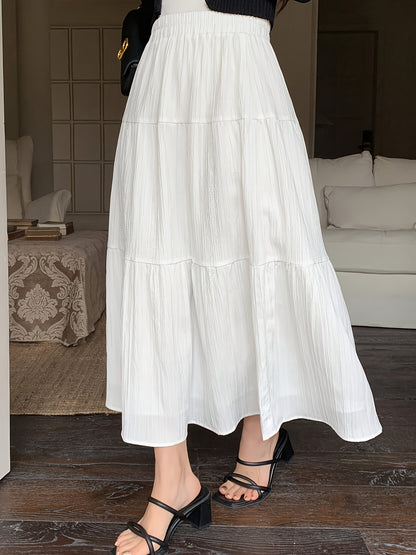 Effortless White Crinkle Maxi Skirt for Women with Elastic Waist Tiered A Line Flowing Style