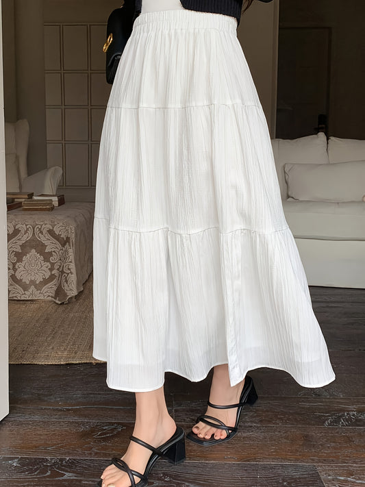 Effortless White Crinkle Maxi Skirt for Women with Elastic Waist Tiered A Line Flowing Style
