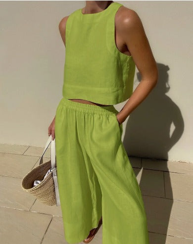 Effortless Linen Wide Leg Set for Women with Square Neck Sleeveless Relaxed Two Piece Style