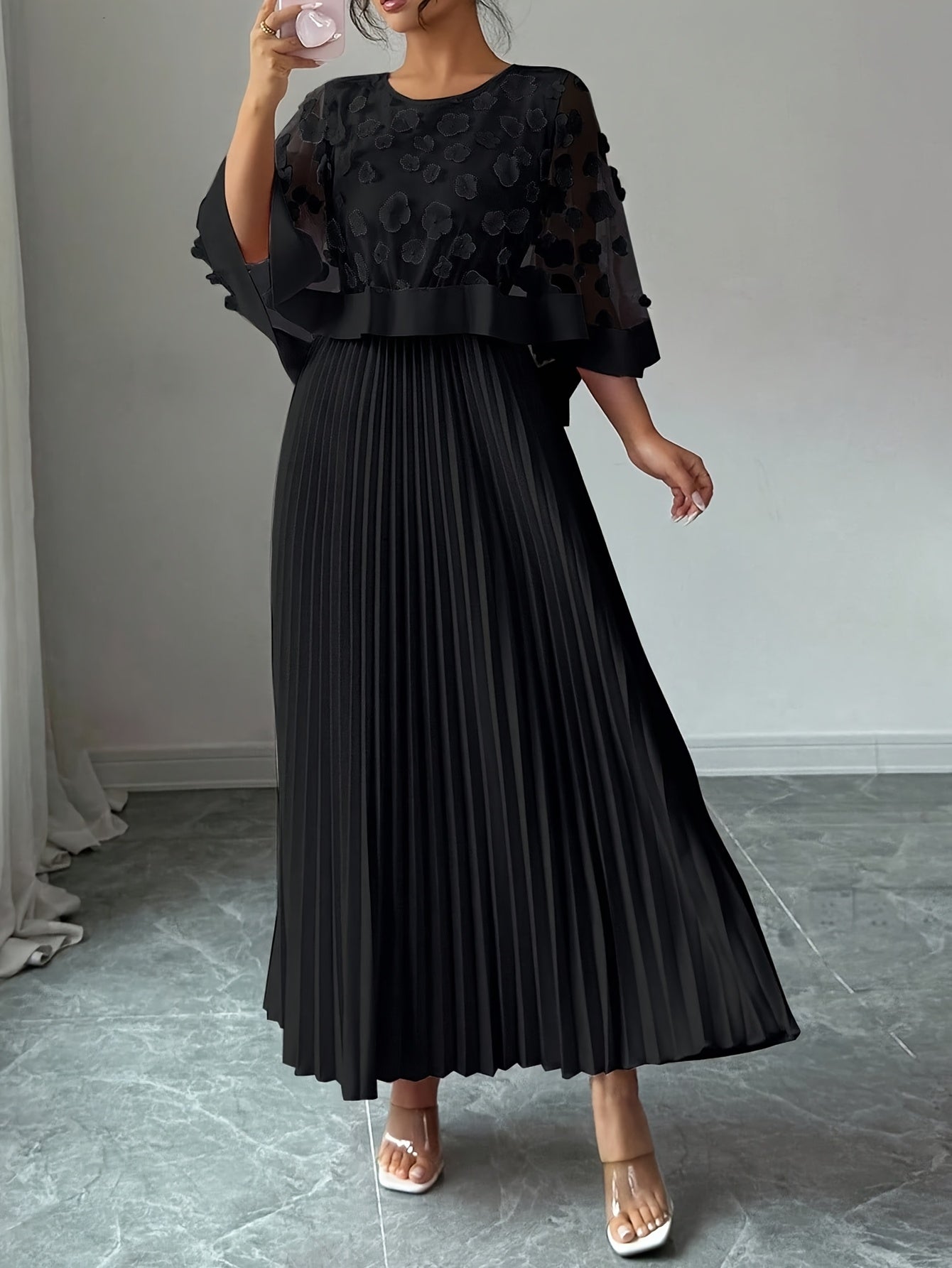 Elegant Floral Mesh Two Piece Set for Women with Round Neck Flutter Sleeve Pleated Maxi Skirt Formal Style