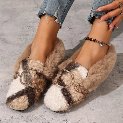 Comfortable Beige Slippers for Women with Faux Fur Bow Detail Cushioned Slip On House Shoes