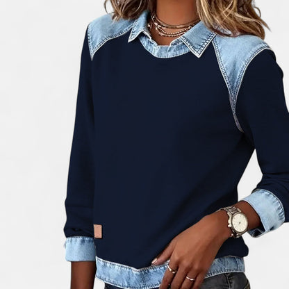 Effortless Denim Trim Sweatshirt for Women with Point Collar Long Sleeve Colorblock Casual Style