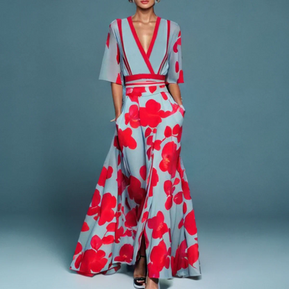 Elegant Blue Floral Maxi Dress for Women with V Neck Elbow Sleeve Wrap Belted Flowing Style