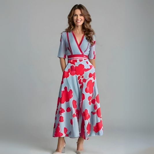 Elegant Blue Floral Maxi Dress for Women with V Neck Elbow Sleeve Wrap Belted Flowing Style