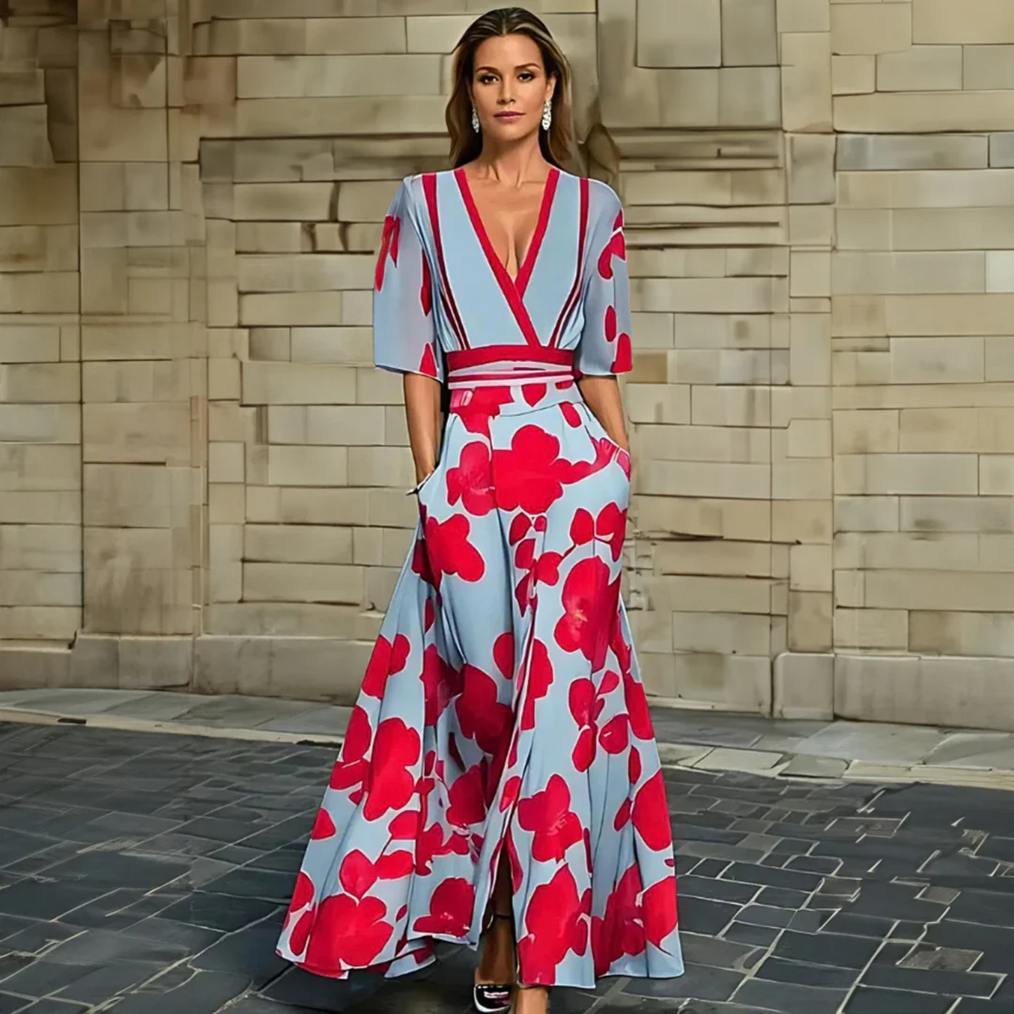 Elegant Blue Floral Maxi Dress for Women with V Neck Elbow Sleeve Wrap Belted Flowing Style