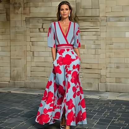 Elegant Blue Floral Maxi Dress for Women with V Neck Elbow Sleeve Wrap Belted Flowing Style