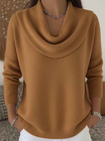 Comfortable Ribbed Knit Sweater for Women with Cowl Neck Long Sleeve Relaxed High Low Hem Style