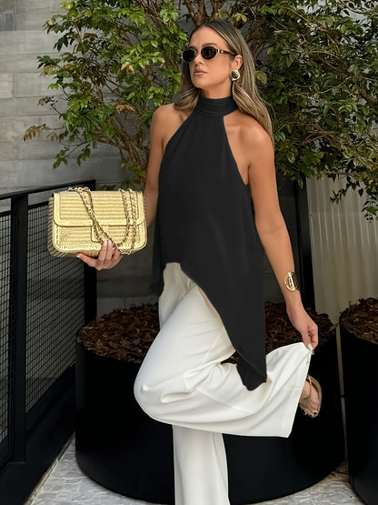 Effortless Silky Halter Top for Women with Mock Neck Sleeveless Handkerchief Hem Flowing Style