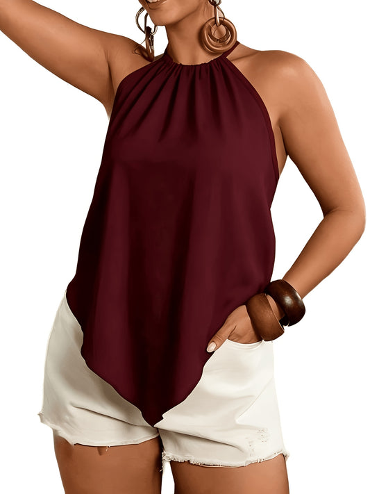 Effortless Colorblock Halter Top for Women with High Neck Sleeveless Pleated Flowing Style