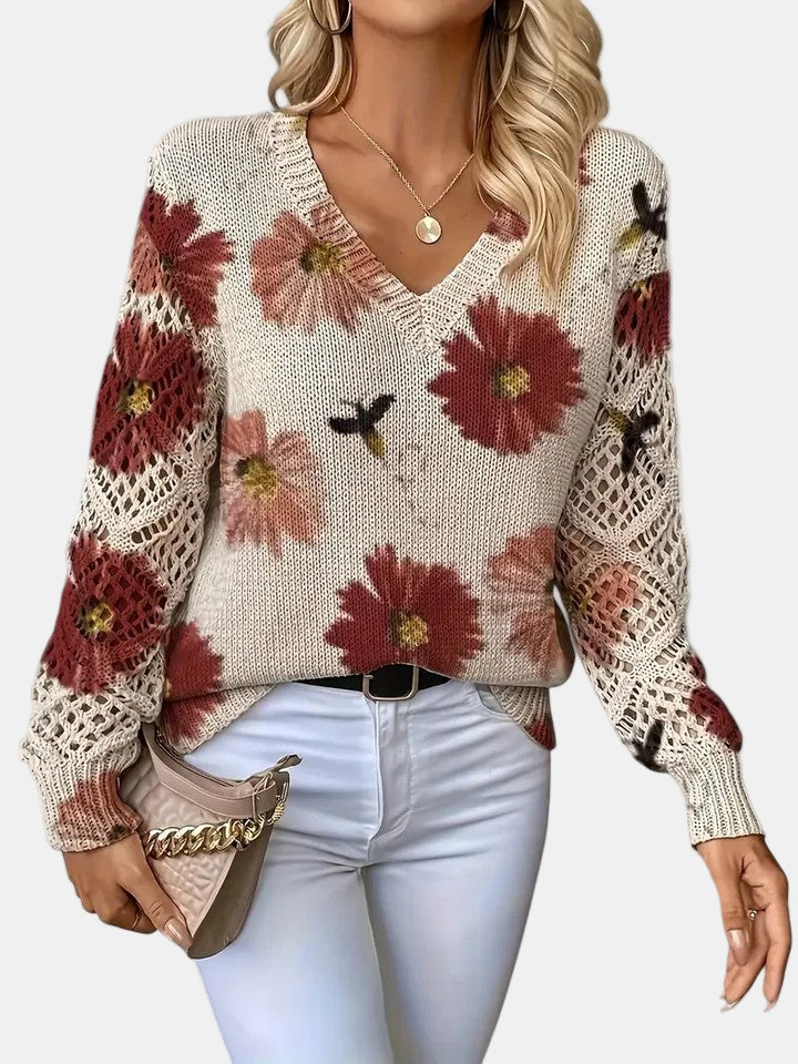 Comfortable Floral Print Sweater for Women with V Neck Long Sleeve Crochet Panel Oversized Knit Style
