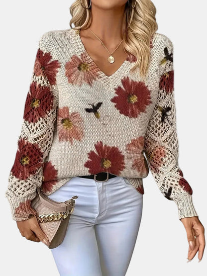 Comfortable Floral Print Sweater for Women with V Neck Long Sleeve Crochet Panel Oversized Knit Style