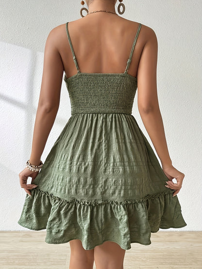 Effortless Textured Mini Dress for Women with Square Neck Spaghetti Strap Smocked Tiered Ruffle Boho Style