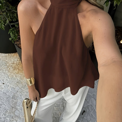 Effortless Silky Halter Top for Women with Mock Neck Sleeveless Handkerchief Hem Flowing Style