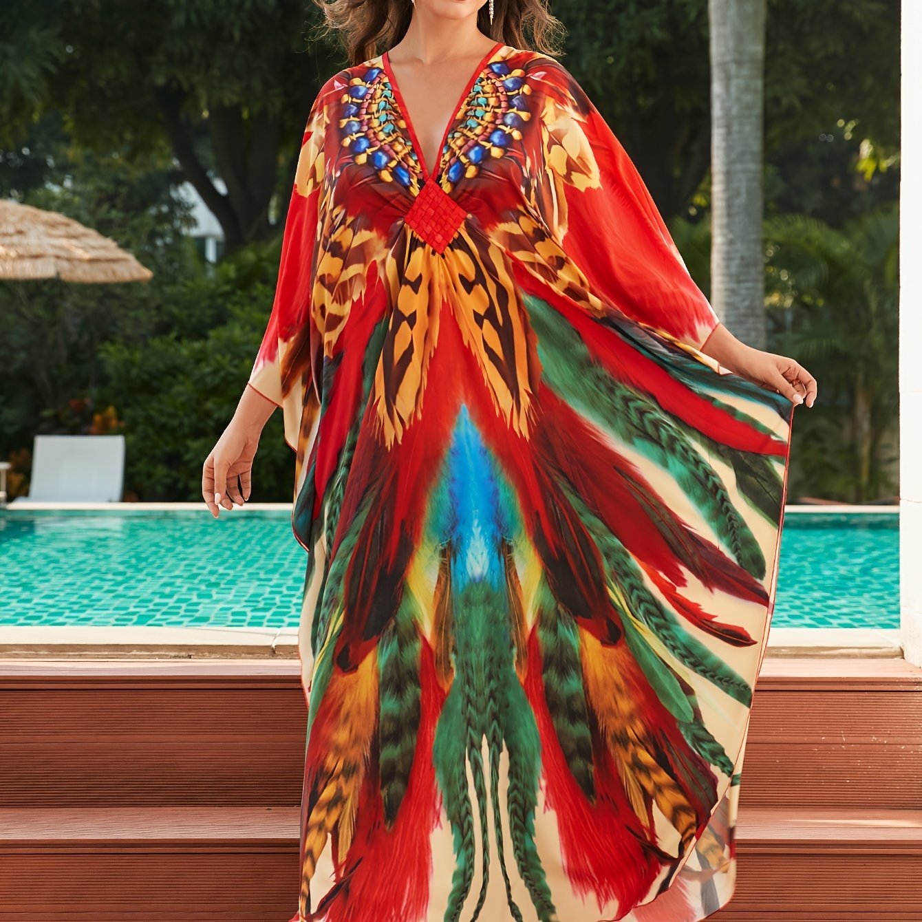 Elegant Multicolor Maxi Dress for Women with Feather Print Kaftan Batwing Sleeve Flowing Style