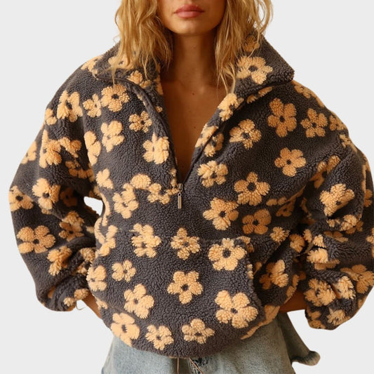 Effortless Floral Sherpa Jacket for Women with Collar Long Sleeve Half Zip Oversized Casual Style