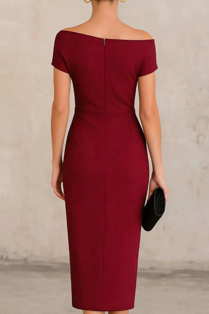 Elegant Draped Midi Sheath Dress for Women with Off Shoulder Cap Sleeve Ruched Wrap Cocktail Style