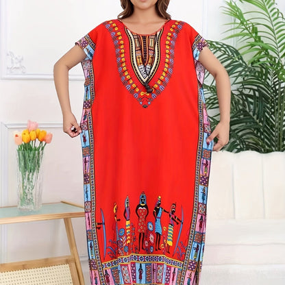Effortless Tribal Print Kaftan Maxi Dress for Women with V Neck Short Sleeve Flowing Bohemian Style