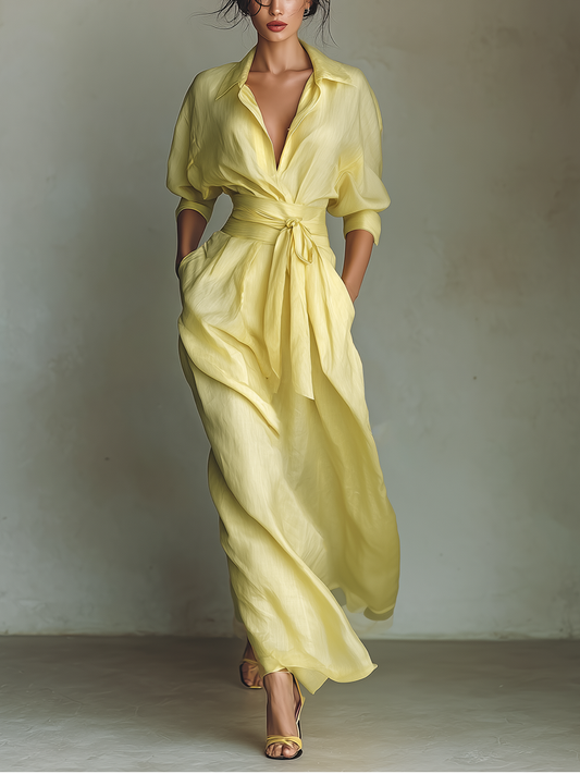 Effortless Yellow Linen Maxi Dress for Women with V Neck Elbow Sleeve Belted Wrap Flowing Style