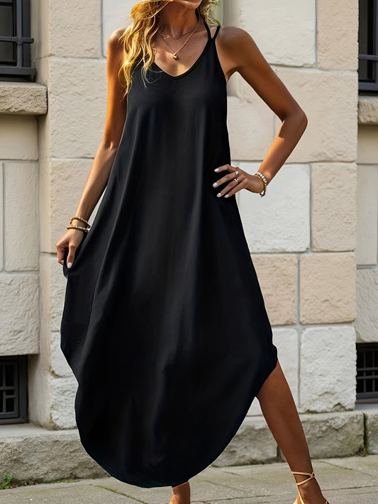 Effortless Black Maxi Dress for Women with V Neck Sleeveless Cocoon Curved Hem Bohemian Style