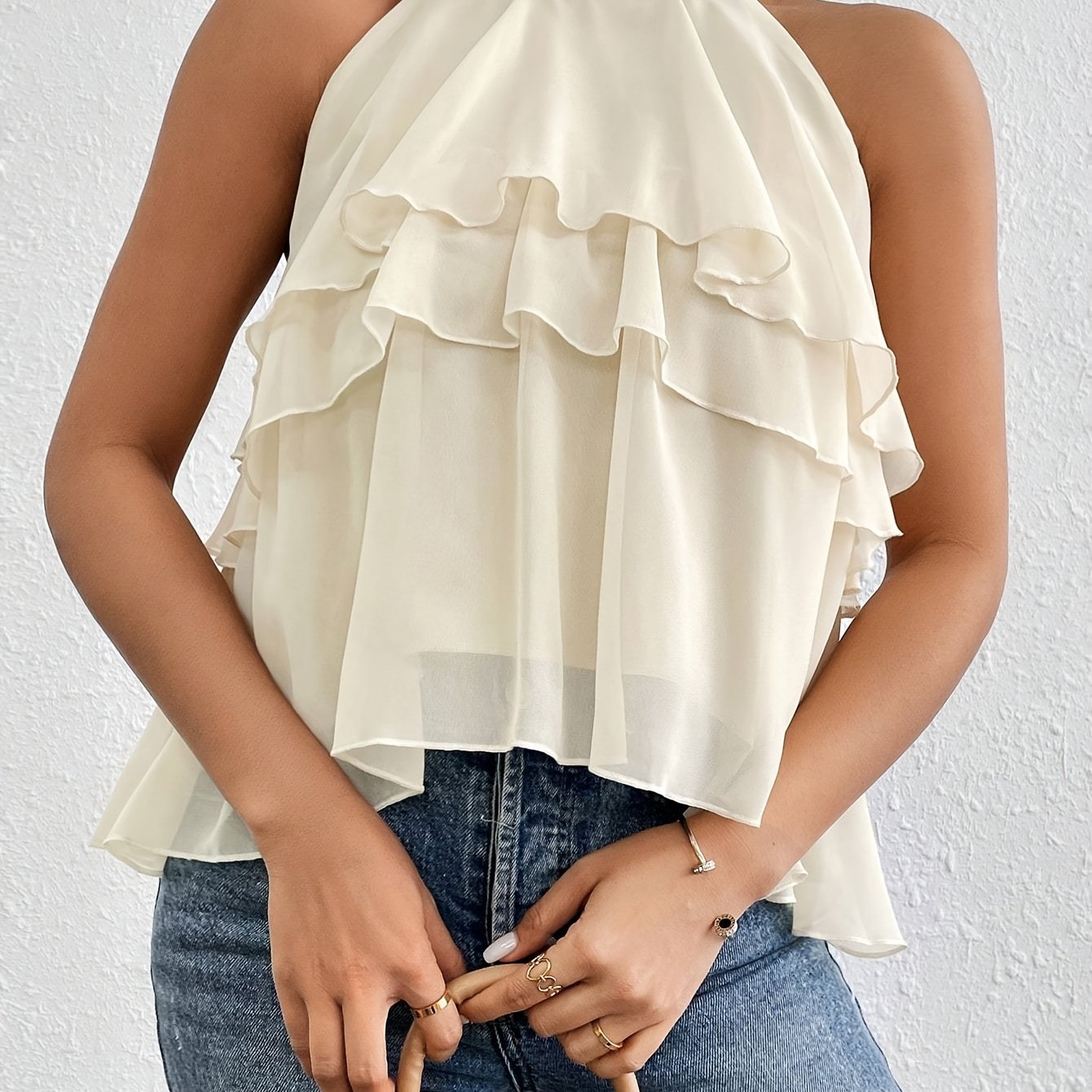 Elegant Beige Chiffon Blouse for Women with Halter Neck Tiered Ruffle Flowing Style