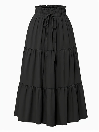 Effortless Tiered Maxi Skirt for Women with Paperbag Waist Drawstring Tie Flowing Boho Style