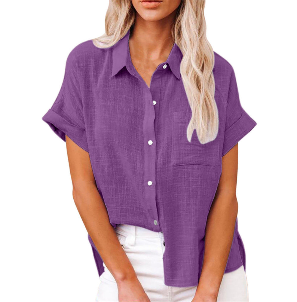 Effortless Linen Blouse for Women with Collar Short Sleeve Button Front Relaxed Style
