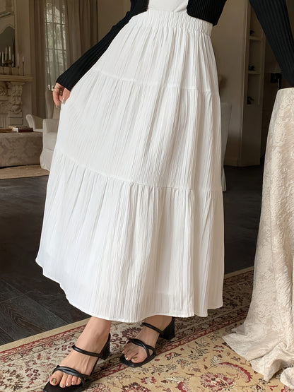 Effortless White Crinkle Maxi Skirt for Women with Elastic Waist Tiered A Line Flowing Style