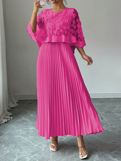 Elegant Floral Mesh Two Piece Set for Women with Round Neck Flutter Sleeve Pleated Maxi Skirt Formal Style