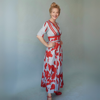 Elegant Blue Floral Maxi Dress for Women with V Neck Elbow Sleeve Wrap Belted Flowing Style