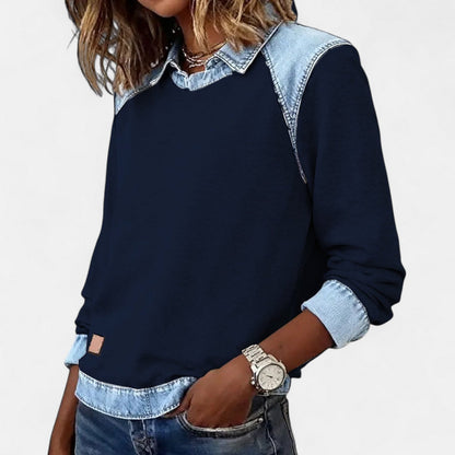 Effortless Denim Trim Sweatshirt for Women with Point Collar Long Sleeve Colorblock Casual Style