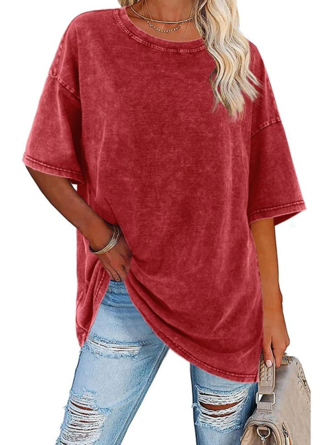 Comfortable Washed Tunic Top for Women with Crew Neck Half Sleeve Oversized Relaxed Casual Style