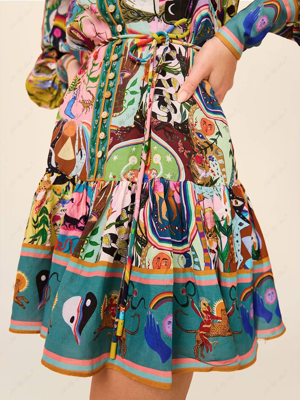 Effortless Multicolor Printed Mini Dress for Women with Stand Collar Balloon Sleeve Tiered Ruffle Bohemian Style