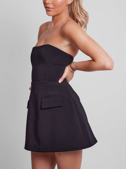 Elegant Tailored Mini Dress for Women with Strapless Flap Pocket Fit and Flare Cocktail Style