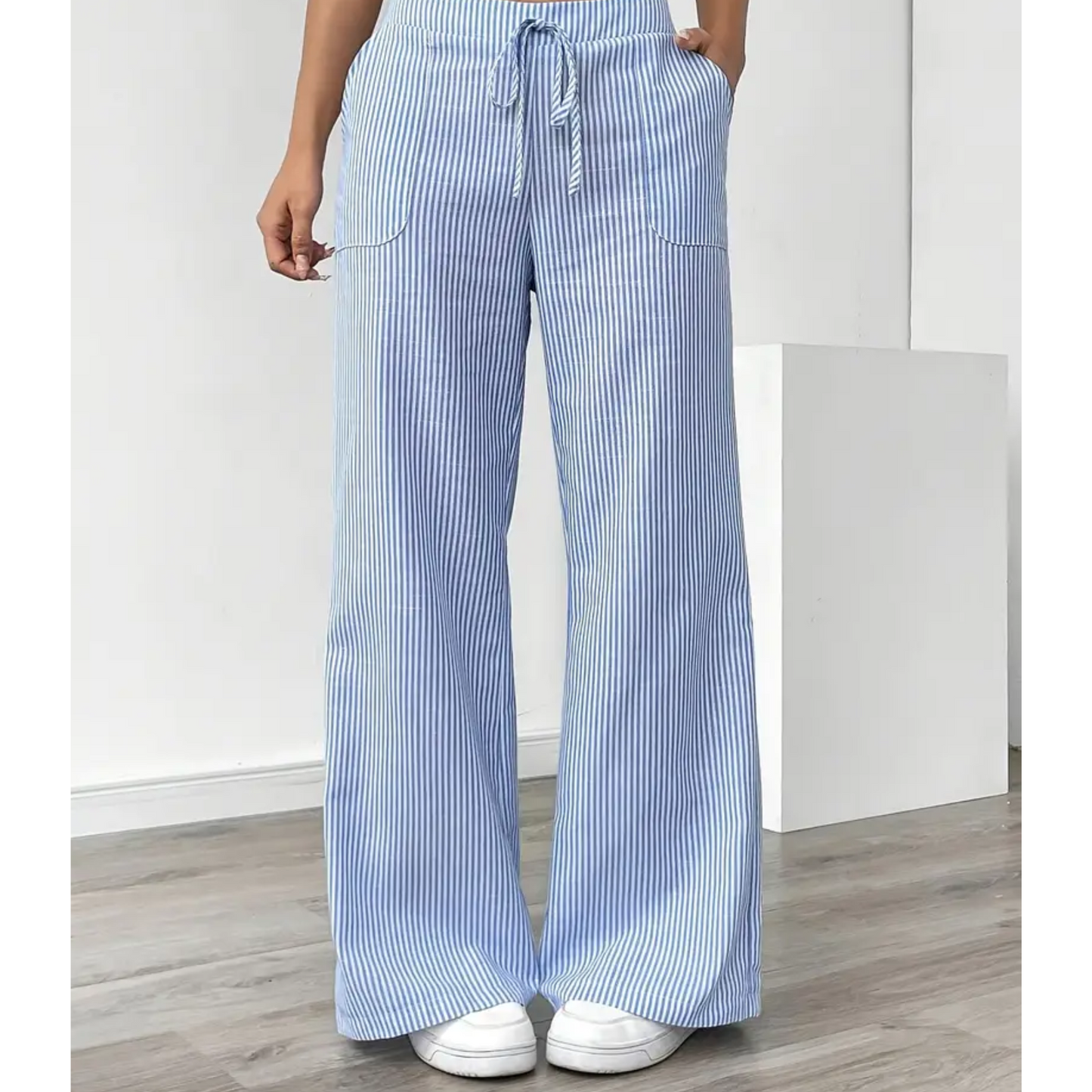 Effortless Striped Linen Wide Leg Pants for Women with High Waist Drawstring Relaxed Flowing Casual Style