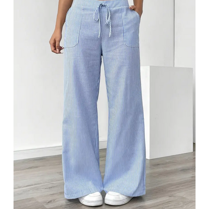 Effortless Striped Linen Wide Leg Pants for Women with High Waist Drawstring Relaxed Flowing Casual Style