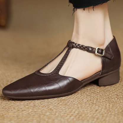 Elegant Croc Embossed T-Strap Flats for Women with Pointed Toe Braided Strap Buckle Closure Style