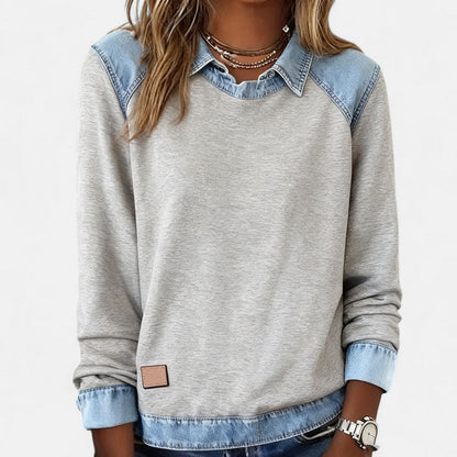 Effortless Denim Trim Sweatshirt for Women with Collar Long Sleeve Raglan Colorblock Casual Style