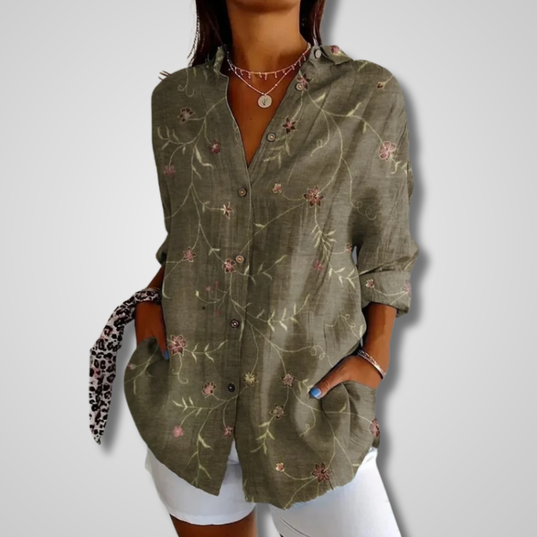 Effortless Patchwork Floral Blouse for Women with Collar Long Sleeve Button Front Oversized Boho Style