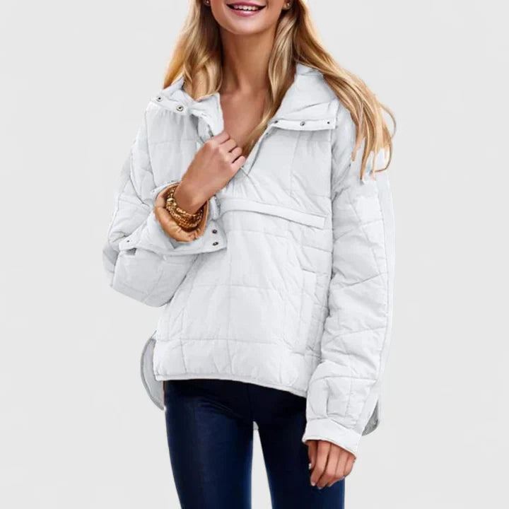 Comfortable Quilted Puffer Jacket for Women with Hooded Long Sleeve Snap Front Oversized Style