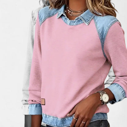 Effortless Denim Trim Sweatshirt for Women with Collar Long Sleeve Raglan Colorblock Casual Style