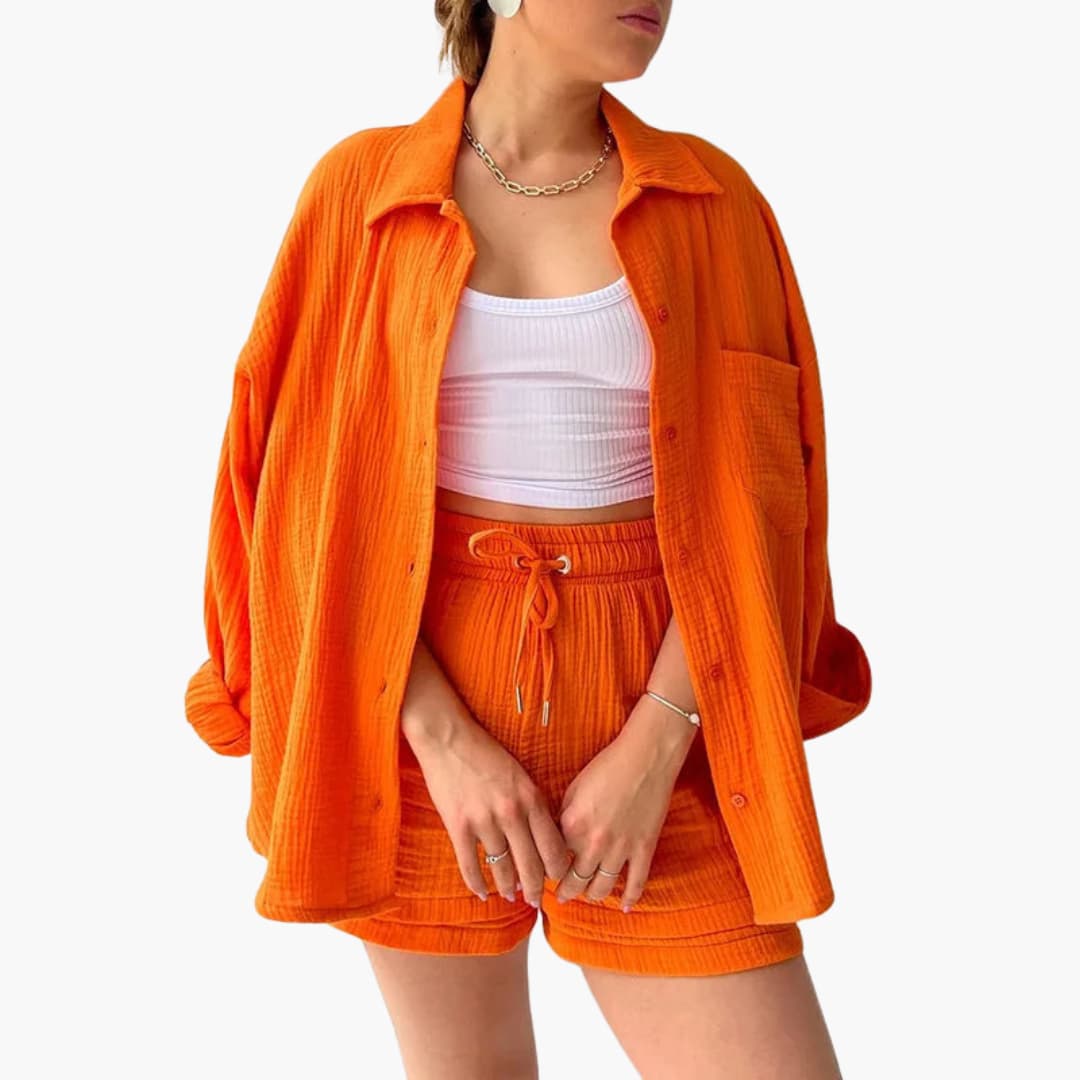 Effortless Textured Cotton Two Piece Set for Women with Collared Long Sleeve Button Front Drawstring Shorts Relaxed Style