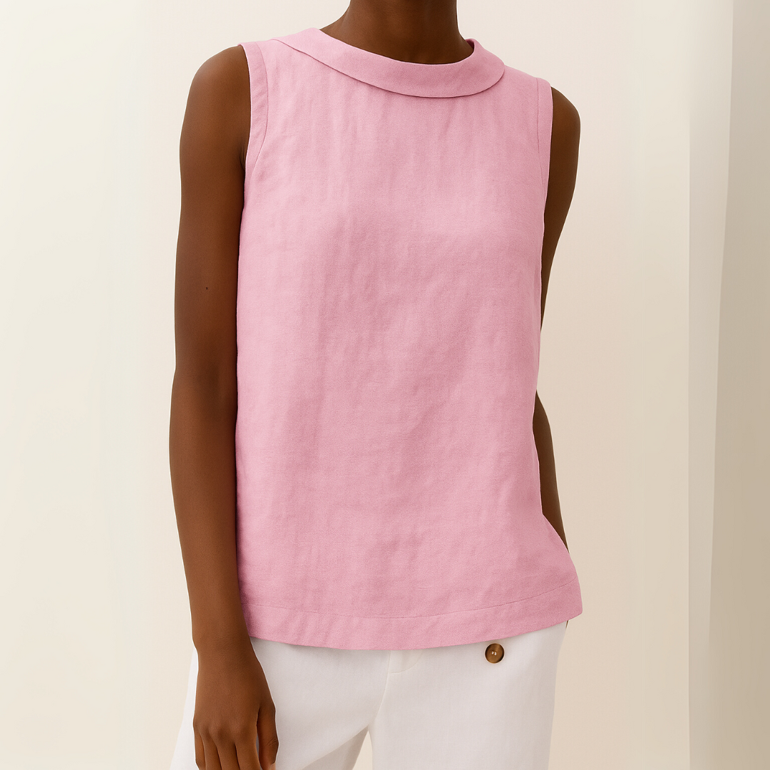 Effortless Linen Blouse for Women with Foldover Collar Sleeveless Keyhole Back Relaxed Style