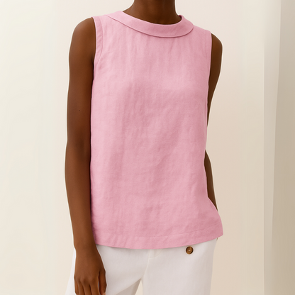 Effortless Linen Blouse for Women with Foldover Collar Sleeveless Keyhole Back Relaxed Style