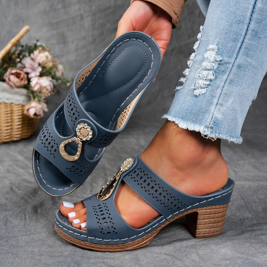 Comfortable Mules Heels for Women with Metal Ring Detail Block Heel Open Toe Slip On Style