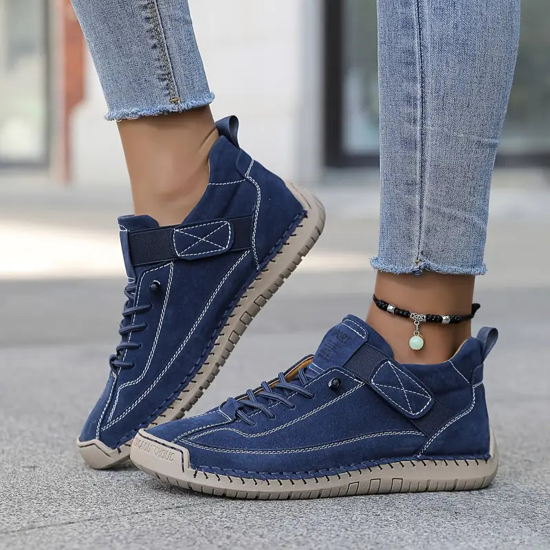 Comfortable Leather Sneaker for Women with Lace Up Velcro Strap Stitched Casual Style
