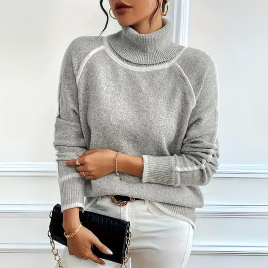 Comfortable Grey Colorblock Sweater for Women with Turtleneck Long Sleeve Relaxed Oversized Knit Style