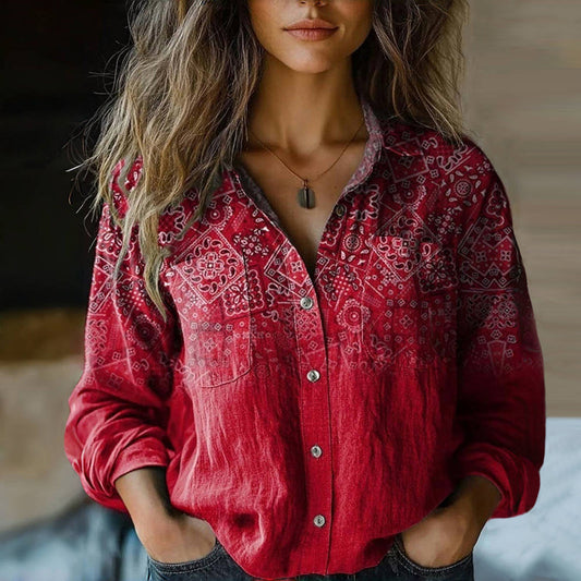 Effortless Boho Print Blouse for Women with Collar Long Sleeve Button Front Casual Style