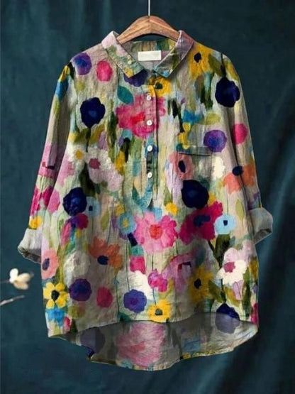 Effortless Floral Blouse for Women with Collar Long Sleeve Button Front High Low Hem Relaxed Style
